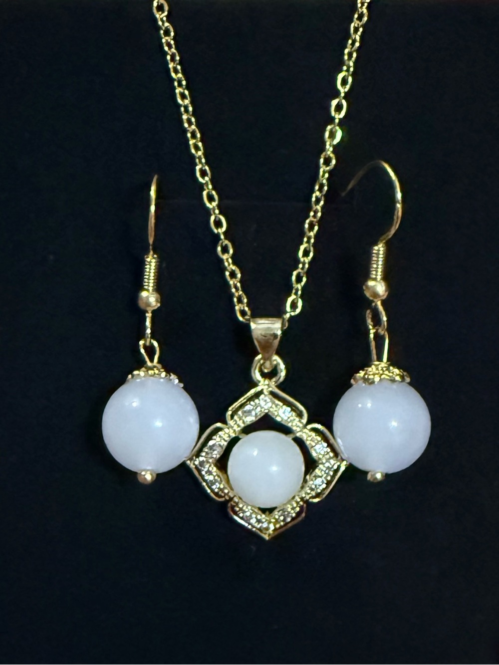 Hotan White Jade Gold Plated Chinese Necklace Pendant & Earrings